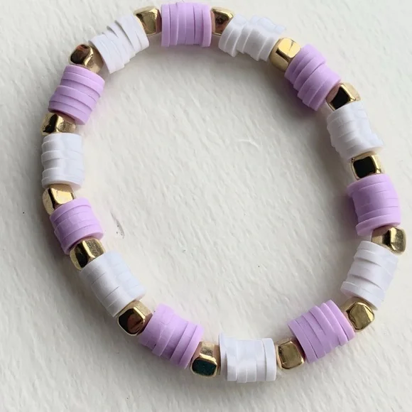 Handmade clay bead purple/white square gold beads stretchy - Picture 2 of 5